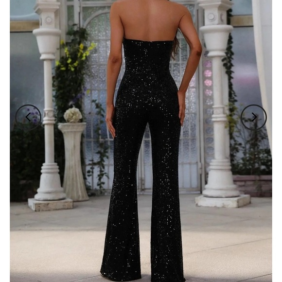 FAERIESTY Crisscross Cut Out Sequin Flare Leg Jumpsuit Size Large - Picture 2 of 12